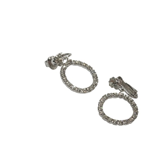 Rhinestone Circle‎ Clip On Earrings Silver Tone Classic Elegant Jewelry - Picture 3 of 12